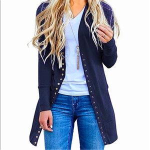 NWOT WOMENS MEROKEETY LONG SNAP BUTTON DOWN RIBBED KNIT NAVY CARDIGAN SIZE LARGE